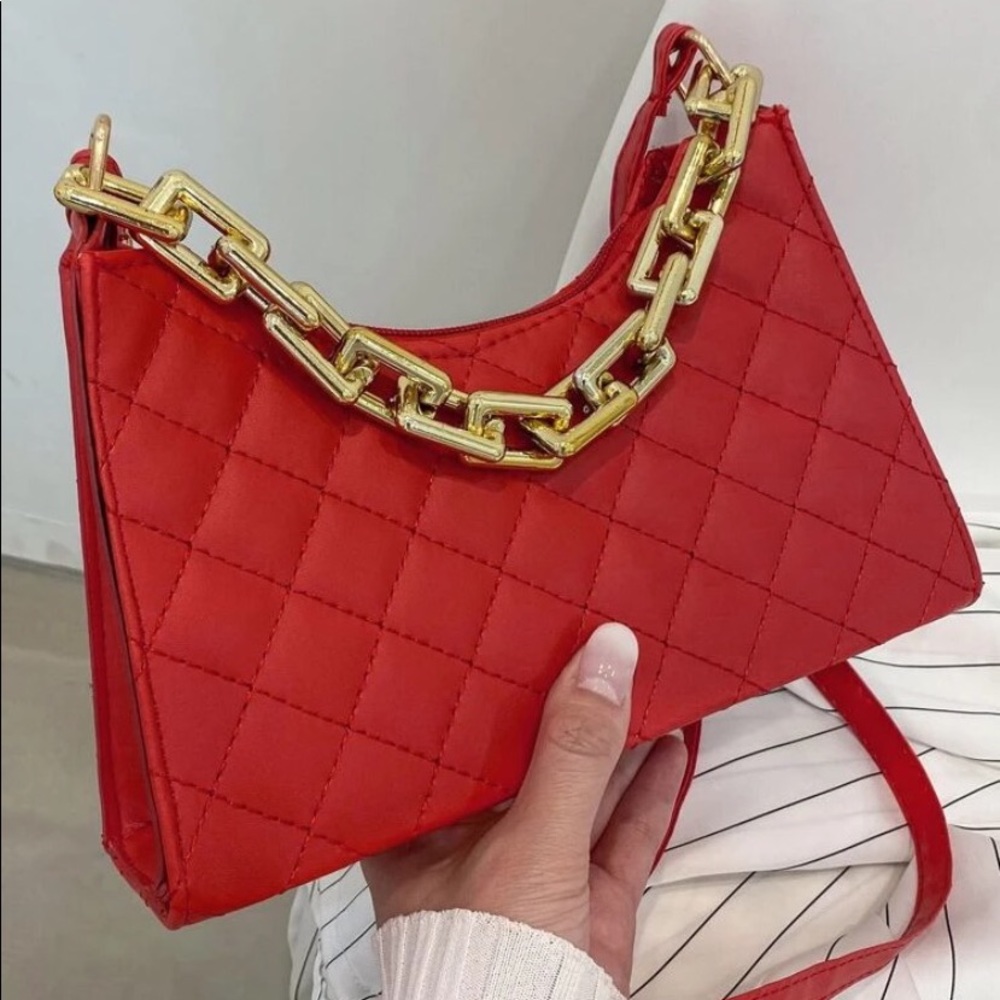 Red Quilted Bag with Gold Chain